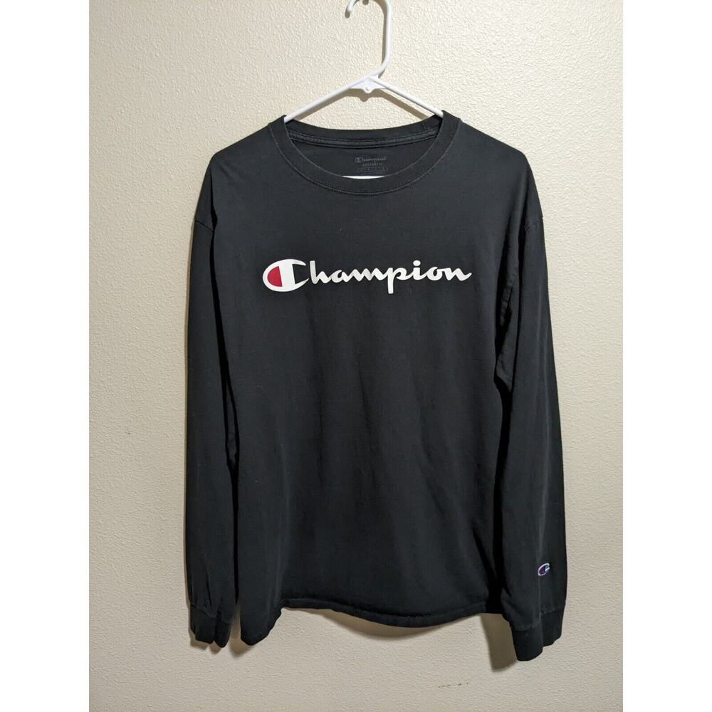 Champion Shirt Adult Large Black Spell Out Logo Long Sleeve Mens